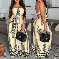 CHICME Women's Tribal Print Bandeau Backless Tied Detail Wide Leg Jumpsuit Vacation Overall with Pocket