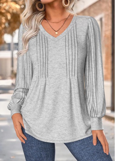 Modlily Light Grey Marl Tuck Stitch Long Sleeve T Shirt - L