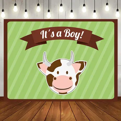 Its A Boy Cute Cow Green Stripe Baby Shower Backdrop