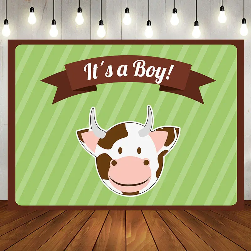 Its A Boy Cute Cow Green Stripe Baby Shower Backdrop