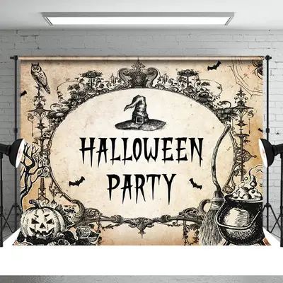 Old Fashion Black Scary Happy Halloween Party Backdrop - Aperturee