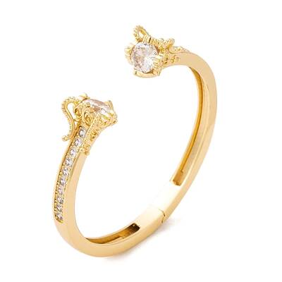 Dragon Brass Pave Clear Cubic Zirconia Open Cuff Bangles with Glass for Women