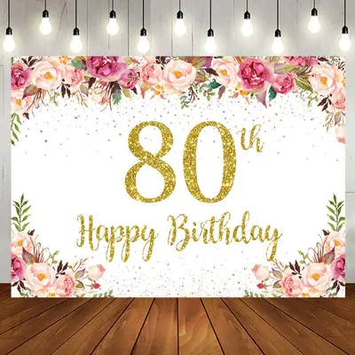 Pink Floral Glitter Gold White 80th Birthday Backdrop - Aperturee