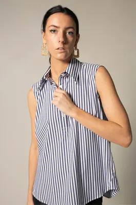 The Olivia Sleeveless Blue Stripe Blouse in Italian Cotton | Size: S | Color: blue-white