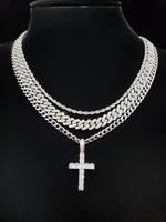 Street Style Artificial Zircon Inlaid Cross Pendant & Cuban Chain Necklace, Fashion Jewelry for Party, Daily Clothing Decor, ...