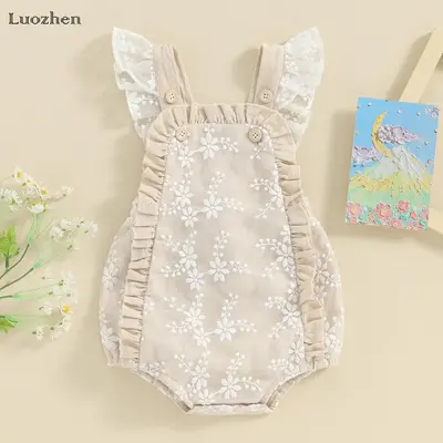 Baby Girls Onesie Cute Lace Embroidery Buttons Ruffles Flying Sleeves Baby Onesie Summer Clothes Onesie