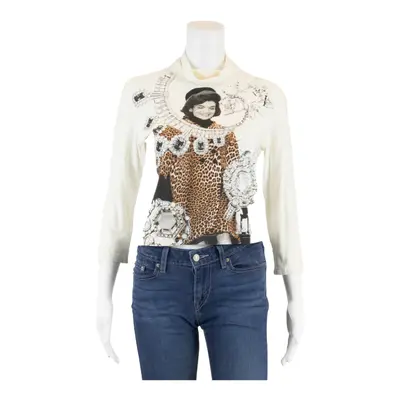 Embellished Top White High Neck Long Sleeve Womens XS