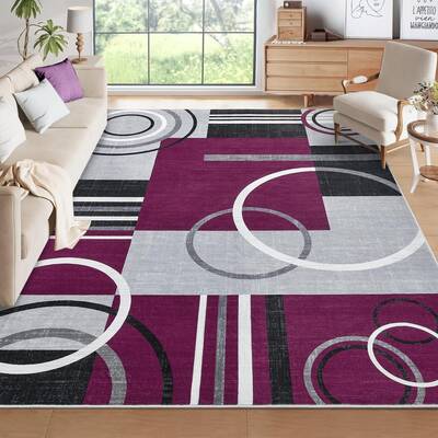 Garvee Modern Purple 9x12 Washable Area Rug Geometric Low Pile Non-Slip Polyester Stain-Resistant Machine Washable Living Roo...