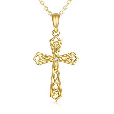 14K Gold Cubic Zirconia Celtic Knot & Cross Pendant Necklace