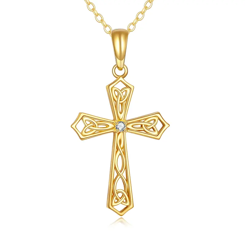 14K Gold Cubic Zirconia Celtic Knot & Cross Pendant Necklace