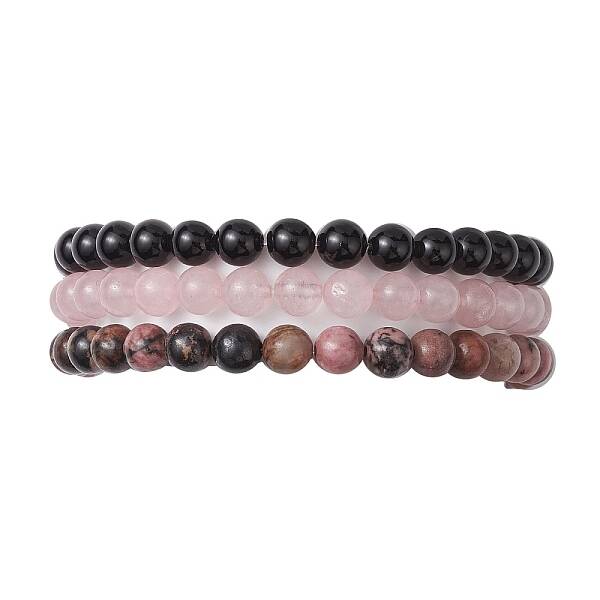 3Pcs 3 Style Natural Mixed Stone Round Beaded Stretch Bracelets