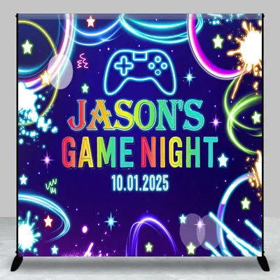 Stars Sky Neon Custom Name Game Night Party Backdrop
