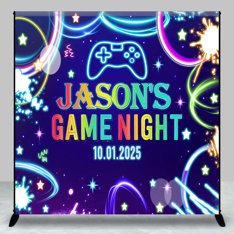 Stars Sky Neon Custom Name Game Night Party Backdrop