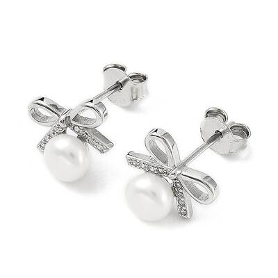 Anti-Tarnish Cubic Zirconia Bowknot with Natural Pearl Stud Earrings