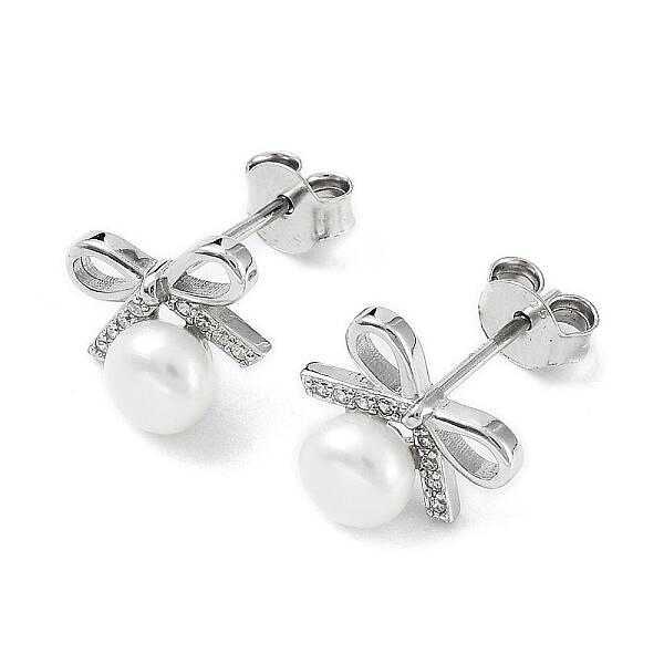 Anti-Tarnish Cubic Zirconia Bowknot with Natural Pearl Stud Earrings