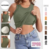 KatchMe Women's Leisure Ribbed Round Neck Sleeveless Built-In Bra Padded Slim Tank Top, Summer Comfort Daily Streetwear, Lady...