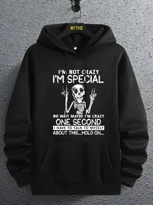 Unisex Men's Skeleton & Letter Print Drawstring Pocket Hoodie, Regular Fit Casual Soft Comfy Long Sleeve Hooded Top for Fall,...