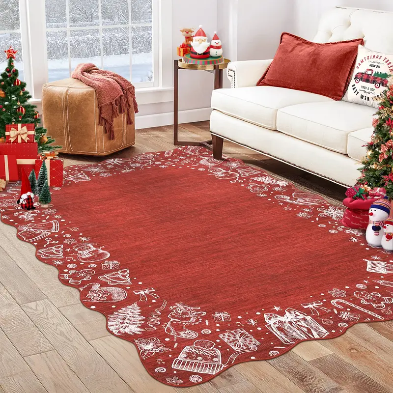 Garvee Christmas Area Rug Washable Scalloped Bedroom Carpet with Non-Slip Backing, Non-Shedding Low Pile Indoor Floor Carpet,...
