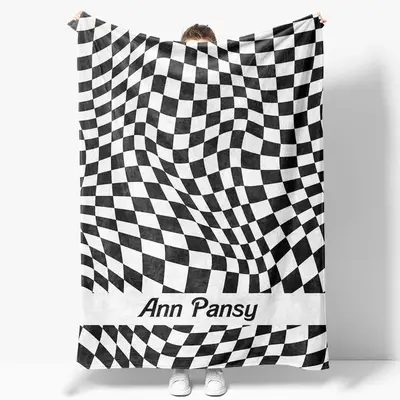 Aperturee Black And White Twisted Plaid Custom Name Blanket - Aperturee