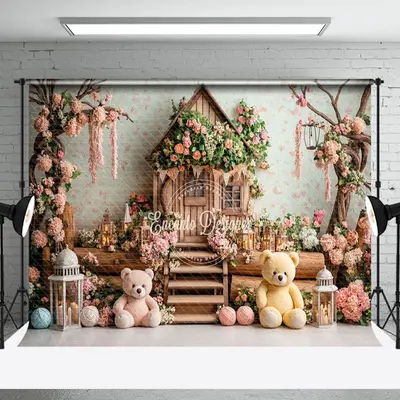 Wooden Floral House Tree Bears Cake Smash Backdrop - Aperturee