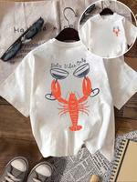 Women's Letter & Lobster Print Round Neck Tee, Casual Short Sleeve Crew Neck T-shirt for Summer, Fashion Women's Top for Dail...