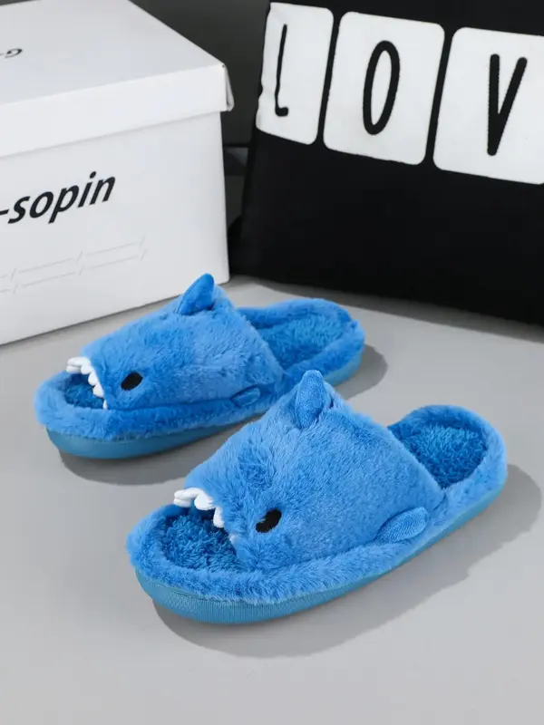 Men's Cute Cartoon Shark Design Plush Slippers, 2024 Casual Soft Comfortable Home Slippers, Warm Slippers for Indoor & Outdoo...