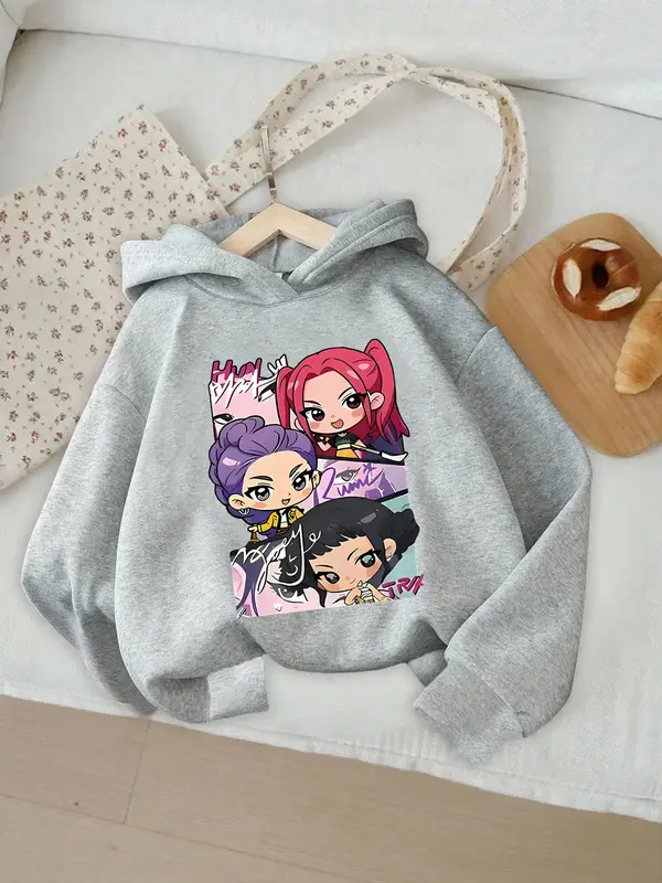 Girls' Kpop Hunter Series Hoodie, Long Sleeve Cartoon Print Pullover, Casual Comfortable Spring & Fall Fashion, Fitted Style