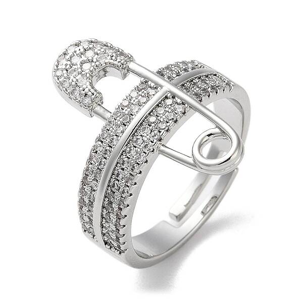 Safety Pin Shape Brass Crystal Rhinestone Adjustable Rings for Women