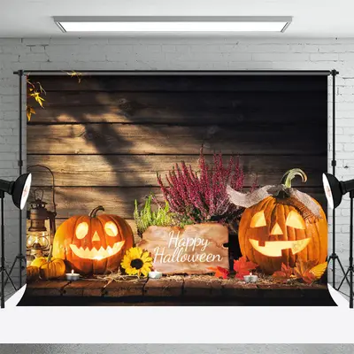 Autumn Pumpkin Lantern Wood Happy Halloween Backdrop - Aperturee
