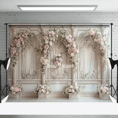 Beige Retro Luxury Wall Pink Floral Wedding Backdrop