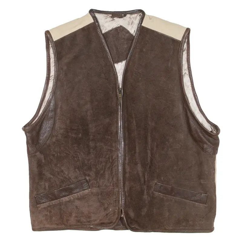 Quilted Lined Mens Gilet Brown Leather Suede L