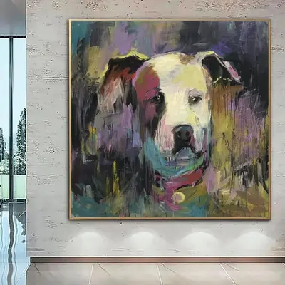 Large Abstract Dog Paintings On Canvas American Pitbull Aesthetic Painting 40x40 Acrylic Artwork Modern Fine Art Wall Decor |...