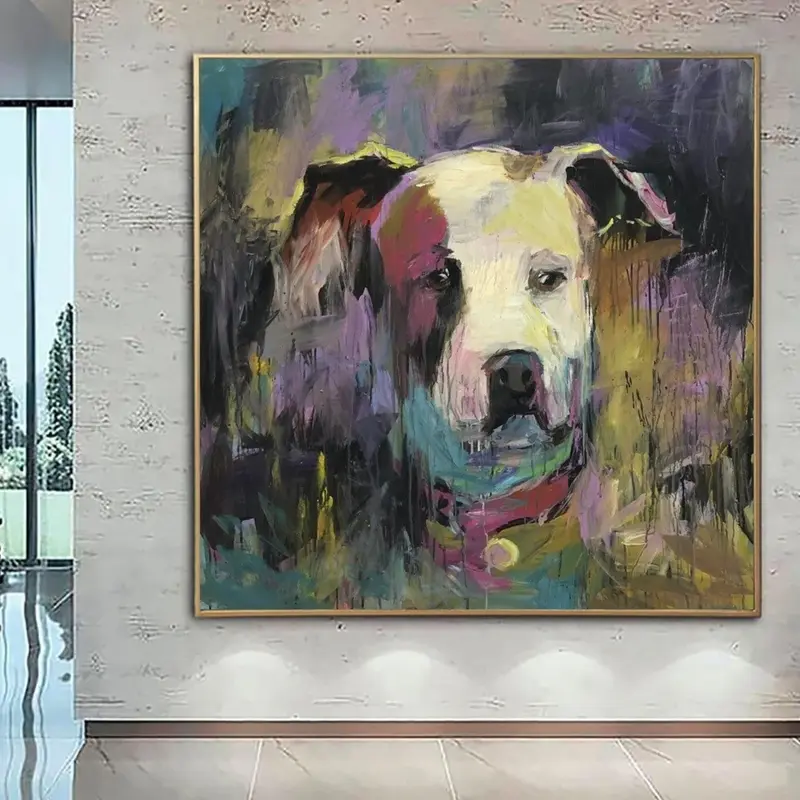 Large Abstract Dog Paintings On Canvas American Pitbull Aesthetic Painting 40x40 Acrylic Artwork Modern Fine Art Wall Decor |...