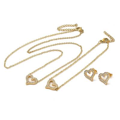 Heart 304 Stainless Steel Rhinestone Pendant Necklaces & Bracelets & Stud Earrings Sets for Women