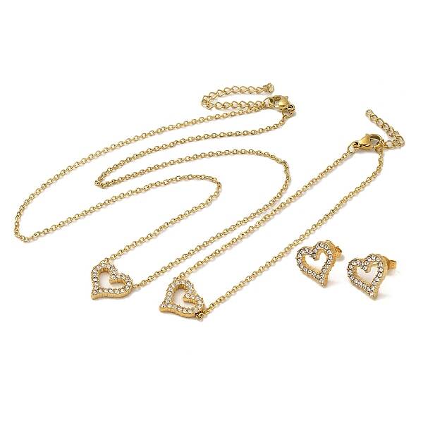 Heart 304 Stainless Steel Rhinestone Pendant Necklaces & Bracelets & Stud Earrings Sets for Women