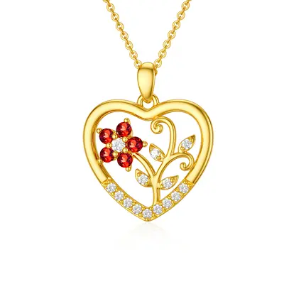 14K Gold Round Cubic Zirconia & Garnet Flower Of Life Pendant Necklace