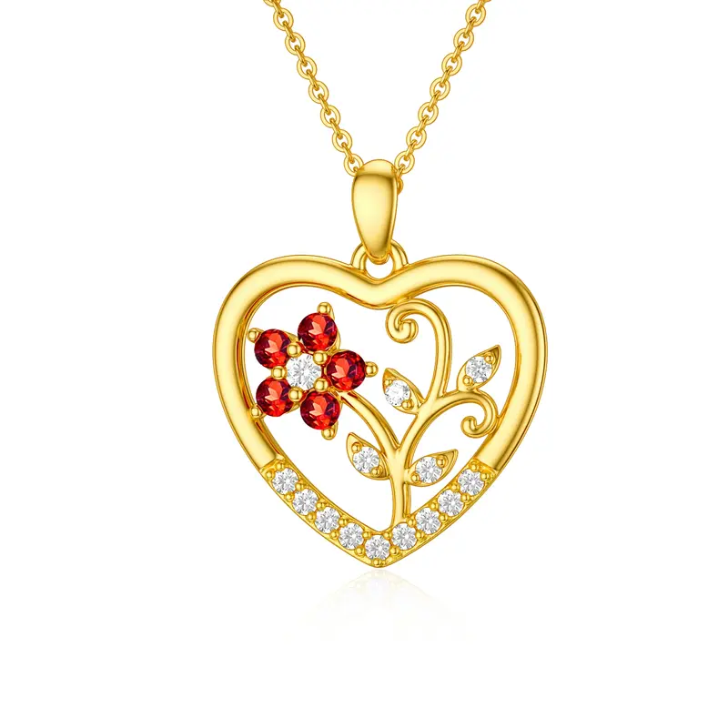 14K Gold Round Cubic Zirconia & Garnet Flower Of Life Pendant Necklace