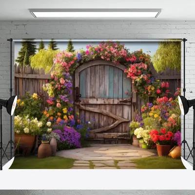 Spring Floral Retro Wooden Door Photography Backdrop - Aperturee
