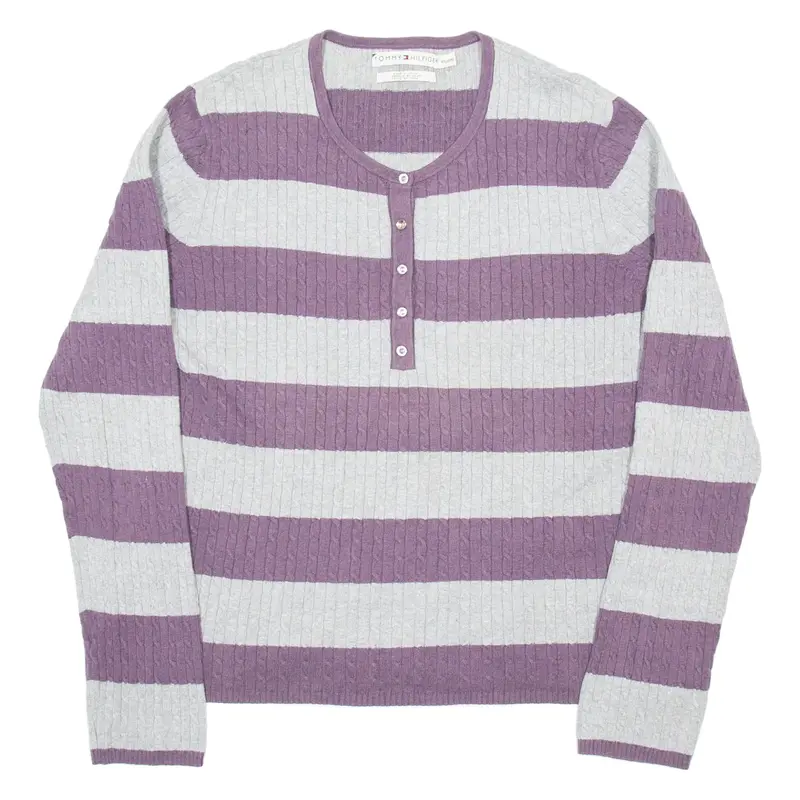 TOMMY HILFIGER Womens Patterned Jumper Grey Striped Cable Knit 2XL