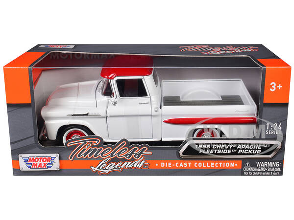 1958 Chevrolet Apache Fleetside Pickup Truck White with Red Top Timeless Legends Series 1/24 Diecast Model Car by Motormax