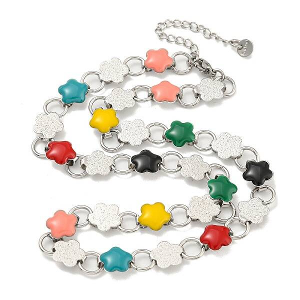 304 Stainless Steel Enamel Flower Link Chain Necklaces