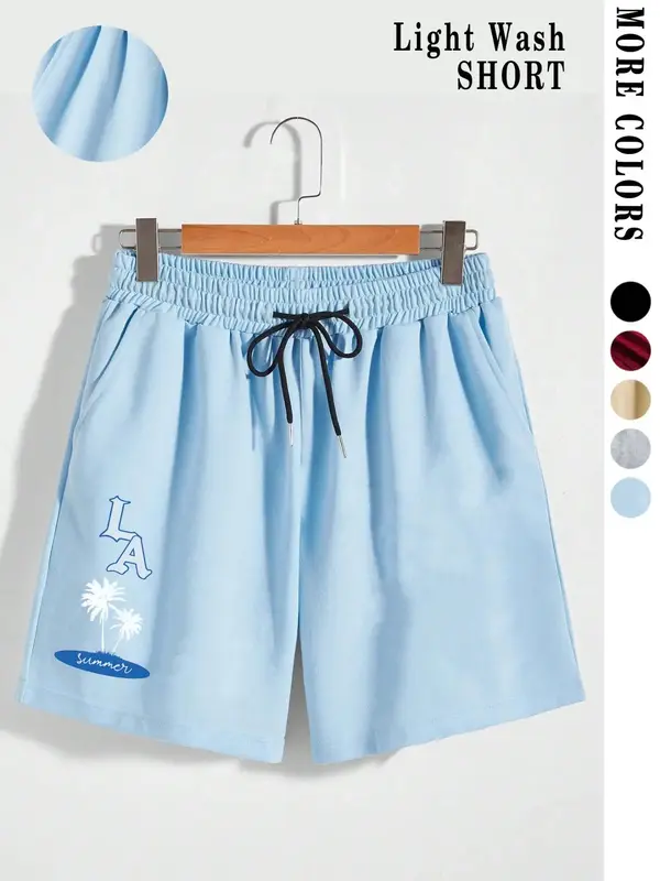 Men's Letter & Tree Print Drawstring Shorts, Los Angeles Coconut Print Summer Shorts Casual Vacation Street Style, Summer Clo...