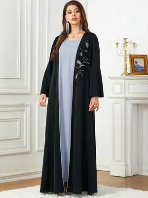 Women's Floral Embroidery Faux Pearl Decor Pleated Kimono Sleeve Abaya, Elegant Long Sleeve Open Front Abaya for Daily Wear, ...