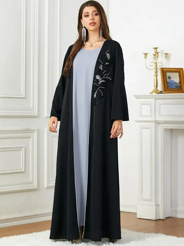 Women's Floral Embroidery Faux Pearl Decor Pleated Kimono Sleeve Abaya, Elegant Long Sleeve Open Front Abaya for Daily Wear, ...