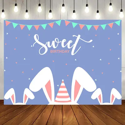 Simple Blue Cute Rabbit Ears Sweet Birthday Backdrop