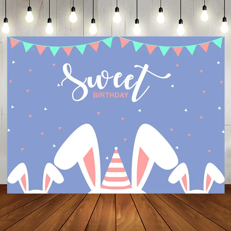 Simple Blue Cute Rabbit Ears Sweet Birthday Backdrop