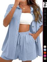 Women's Solid Color Short Sleeve Shirt & Tie Front Elastic Waist Shorts Loungewear Two-piece Set, Ladies Sleepwear for All Se...