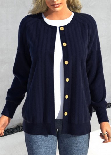 Modlily Blue Button Long Sleeve Round Neck Coat - M