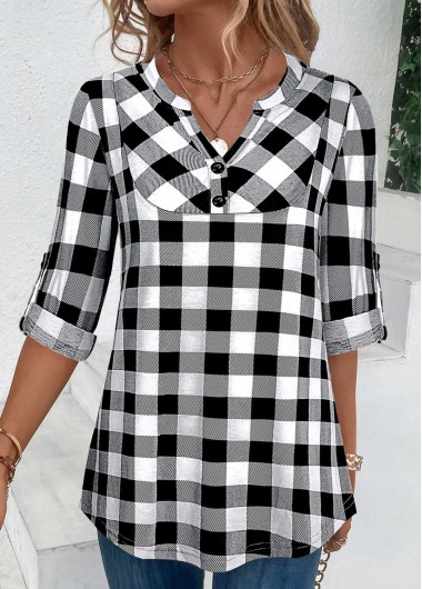 Modlily Black Button Plaid Three Quarter Length Sleeve Blouse - M