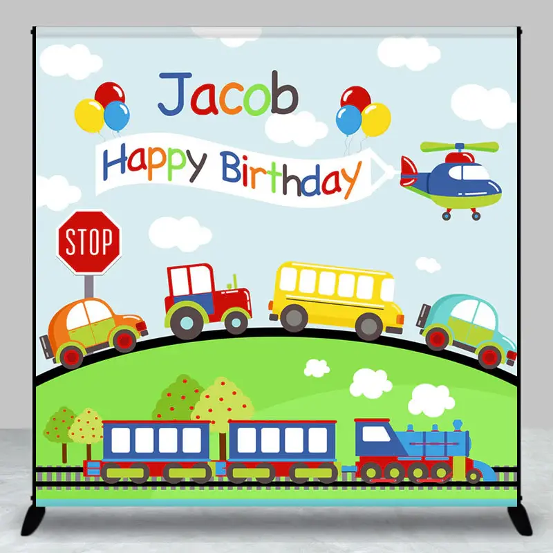 Cute Cars Train Green Grass Custom Birthday Backdrop - Aperturee